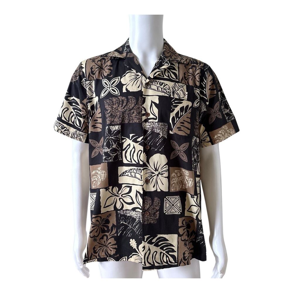 RJC Hawaiian Shirt Mens M Black Brown Beige Floral Aloha 100% Cotton Made Hawaii